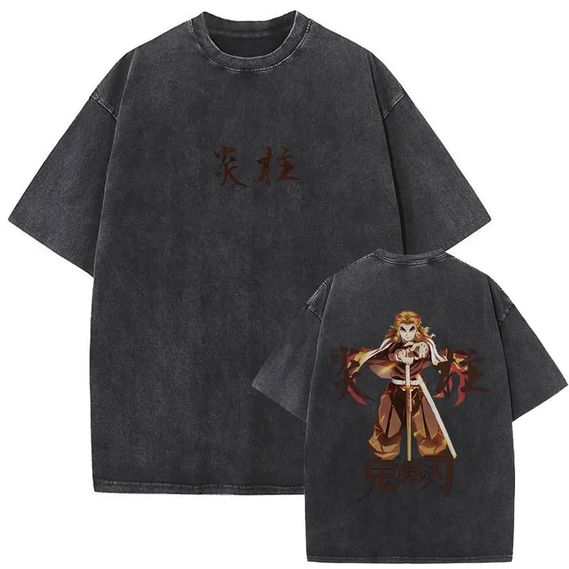 Washed Vintage Anime Demon Slayer Kokushibo Double Sided Print T Shirt Men Women Clothing High Quality Cotton Oversized T-shirts