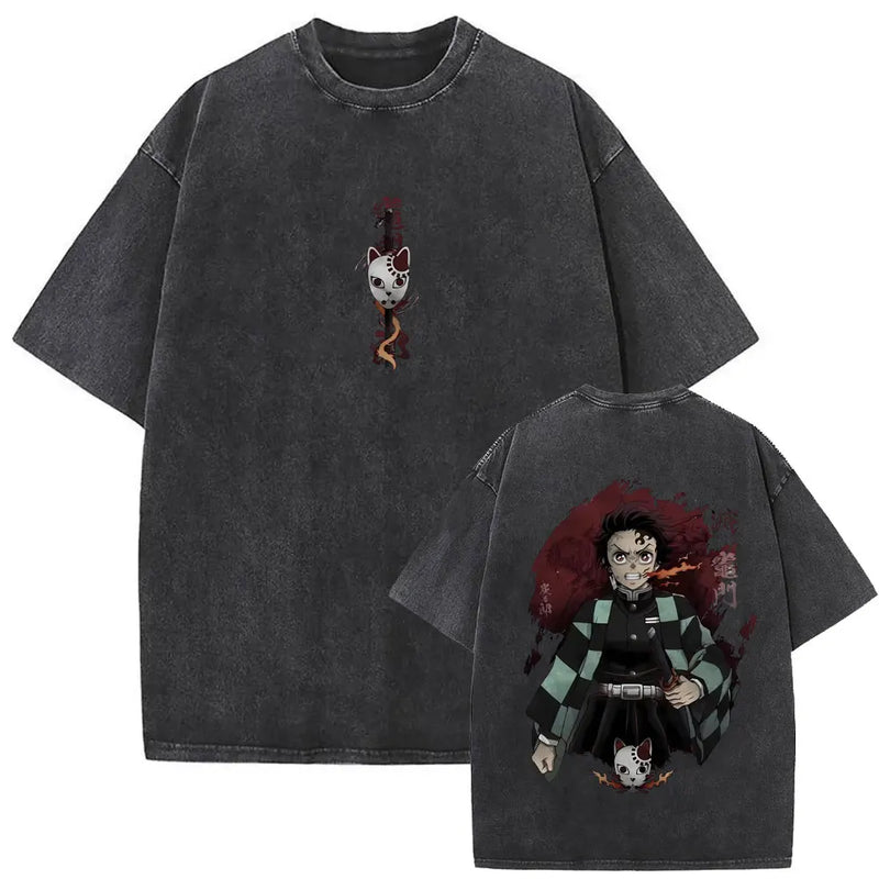 Washed Vintage Anime Demon Slayer Kokushibo Double Sided Print T Shirt Men Women Clothing High Quality Cotton Oversized T-shirts