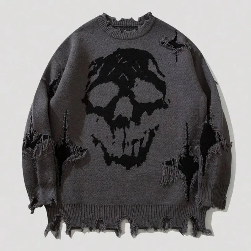Y2K Skull Jacquard Knitted Sweater – Vintage Streetwear Chic