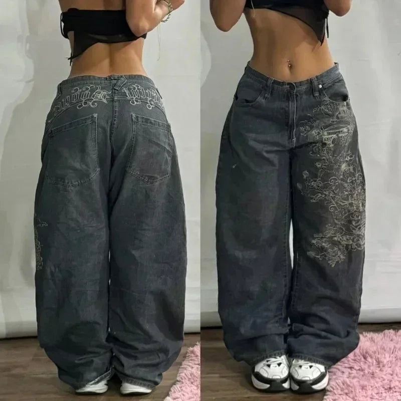 2024 New American Trend Retro Hip-hop Embroidery Pattern Baggy Jeans For Men And Women Y2K Harajuku Gothic Wide Pants Streetwear