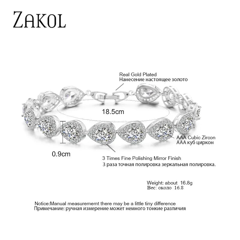 ZAKOL Luxury Water Drop Zirconia Bracelets for Elegant Women Teardrop Charm Bracelet Bridal Wedding Jewelry