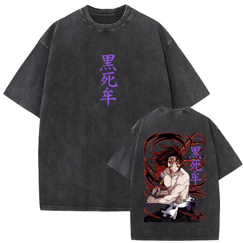 Washed Vintage Anime Demon Slayer Kokushibo Double Sided Print T Shirt Men Women Clothing High Quality Cotton Oversized T-shirts