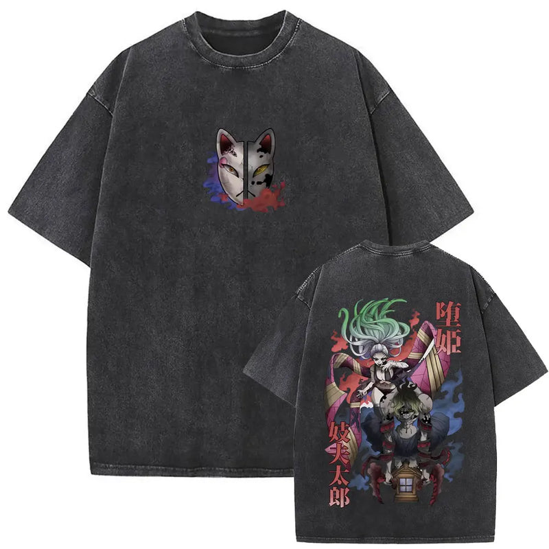 Washed Vintage Anime Demon Slayer Kokushibo Double Sided Print T Shirt Men Women Clothing High Quality Cotton Oversized T-shirts