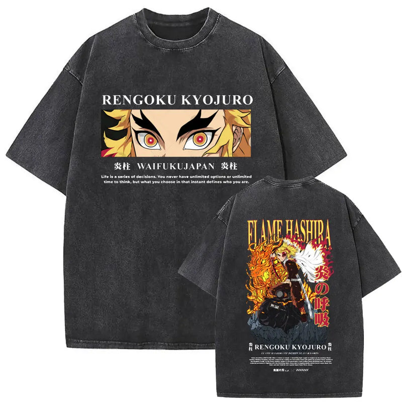 Washed Vintage Anime Demon Slayer Uzui Tengen Eyes Graphic T-shirt Men Women Casual 100% Cotton T-shirts Male Oversized T Shirt