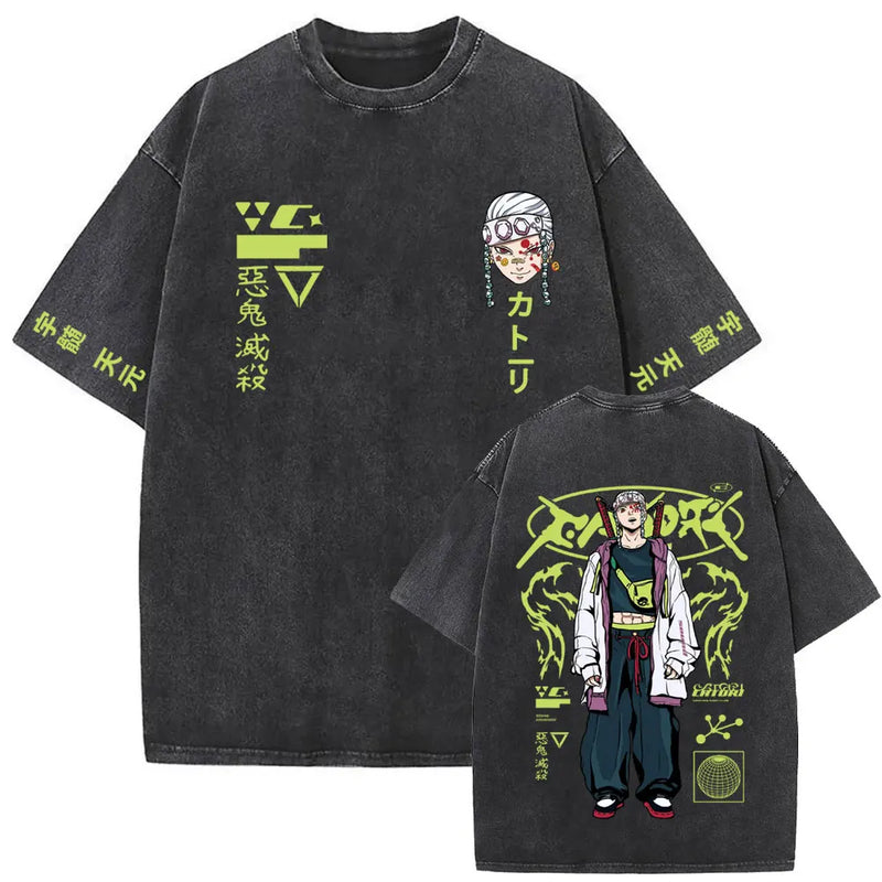 Washed Vintage Anime Demon Slayer Uzui Tengen Eyes Graphic T-shirt Men Women Casual 100% Cotton T-shirts Male Oversized T Shirt