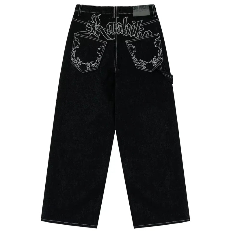 2024 New American Trend Retro Hip-hop Embroidery Pattern Baggy Jeans For Men And Women Y2K Harajuku Gothic Wide Pants Streetwear