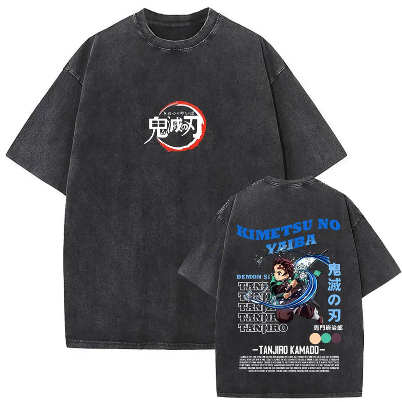 Washed Vintage Anime Demon Slayer Uzui Tengen Eyes Graphic T-shirt Men Women Casual 100% Cotton T-shirts Male Oversized T Shirt