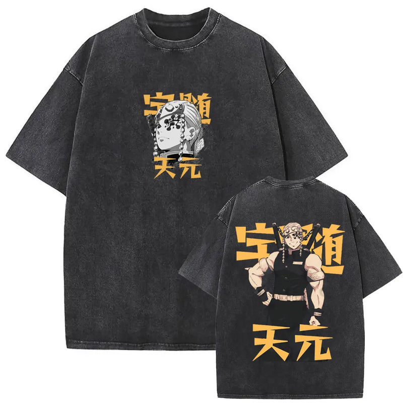 Washed Vintage Anime Demon Slayer Uzui Tengen Eyes Graphic T-shirt Men Women Casual 100% Cotton T-shirts Male Oversized T Shirt