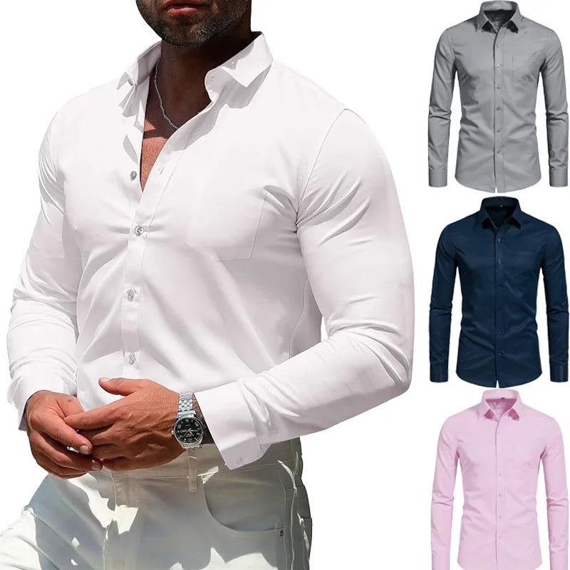 Top Selling Men's Dress Shirt Long Sleeve Autumn Without Pocket Casual Business Social No ironing Stretch Office Party Wedding
