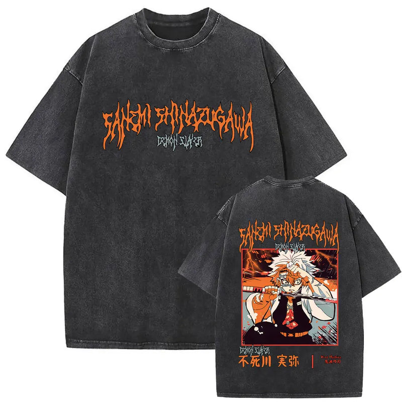 Washed Vintage Anime Demon Slayer Kokushibo Double Sided Print T Shirt Men Women Clothing High Quality Cotton Oversized T-shirts
