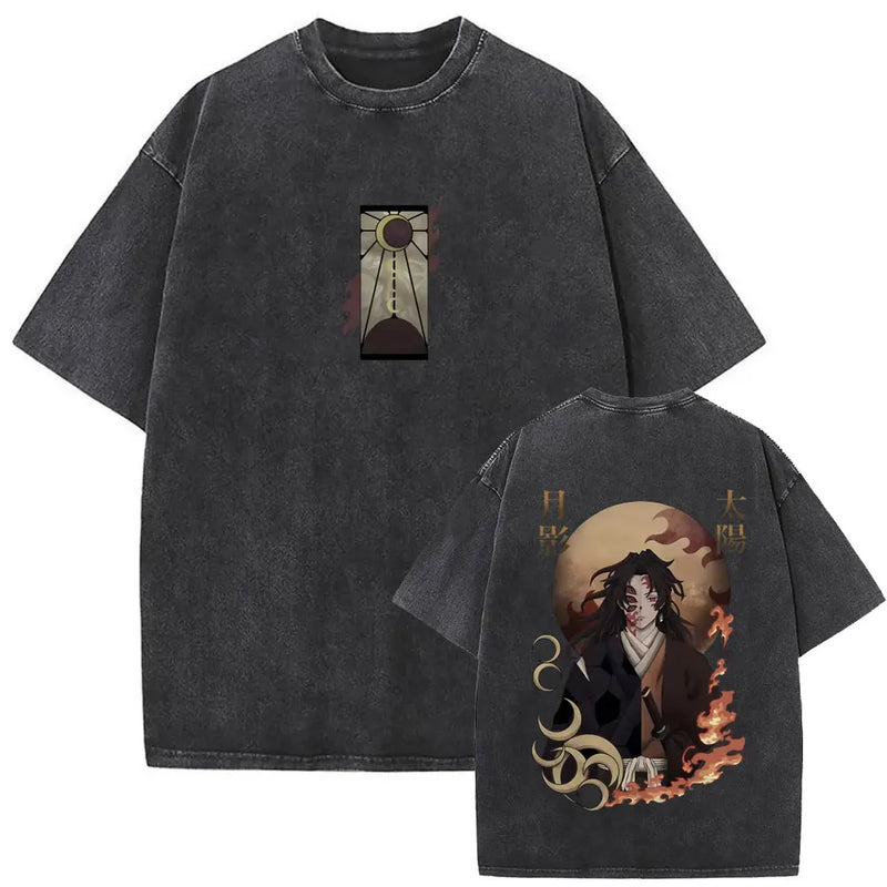 Washed Vintage Anime Demon Slayer Kokushibo Double Sided Print T Shirt Men Women Clothing High Quality Cotton Oversized T-shirts
