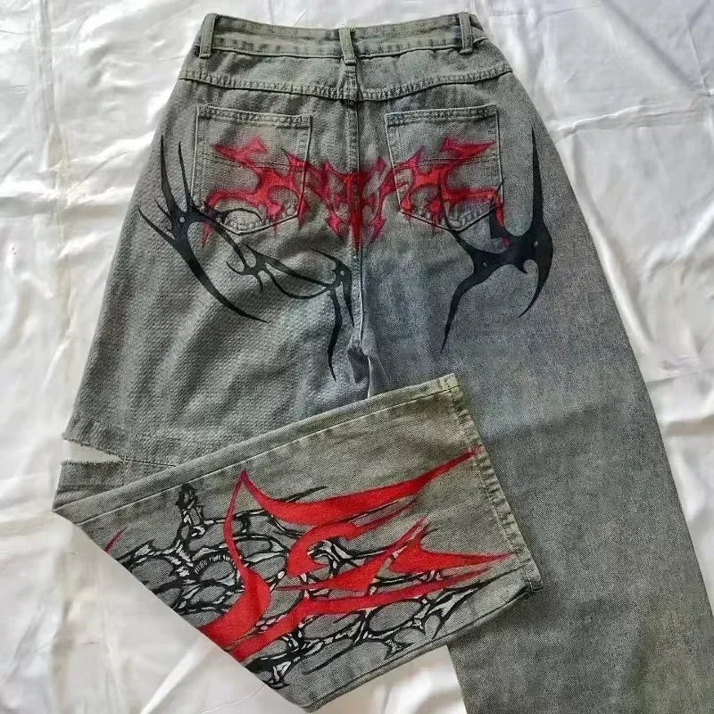 2024 New American Trend Retro Hip-hop Embroidery Pattern Baggy Jeans For Men And Women Y2K Harajuku Gothic Wide Pants Streetwear