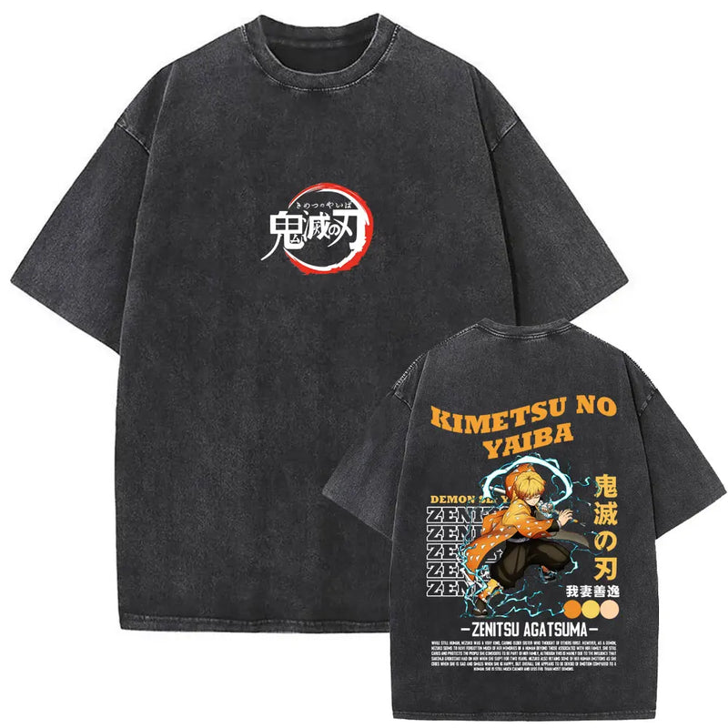 Washed Vintage Anime Demon Slayer Uzui Tengen Eyes Graphic T-shirt Men Women Casual 100% Cotton T-shirts Male Oversized T Shirt