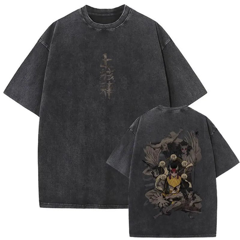 Washed Vintage Anime Demon Slayer Kokushibo Double Sided Print T Shirt Men Women Clothing High Quality Cotton Oversized T-shirts