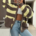 Striped V Neck Pocket Knitted Cardigan Autumn Winter Long Sleeved Loose Commuter Sweater Women's Vintage Crochet Warm Sweaters