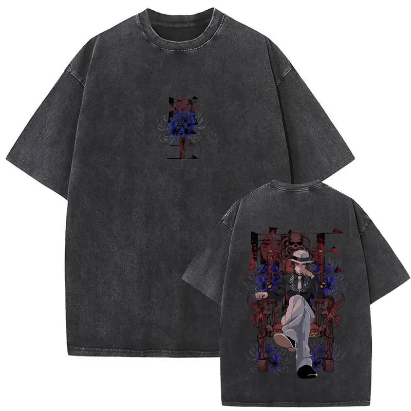 Washed Vintage Anime Demon Slayer Kokushibo Double Sided Print T Shirt Men Women Clothing High Quality Cotton Oversized T-shirts