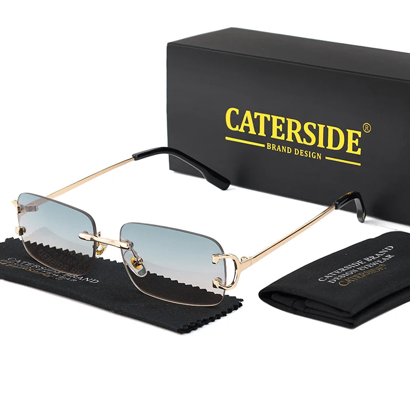 CATERSIDE Blue Rectangular Sunglasses Men Rimless Metal Fashion Square Sun Glasses For Women Gradient Lens Outdoor Eyewear UV400