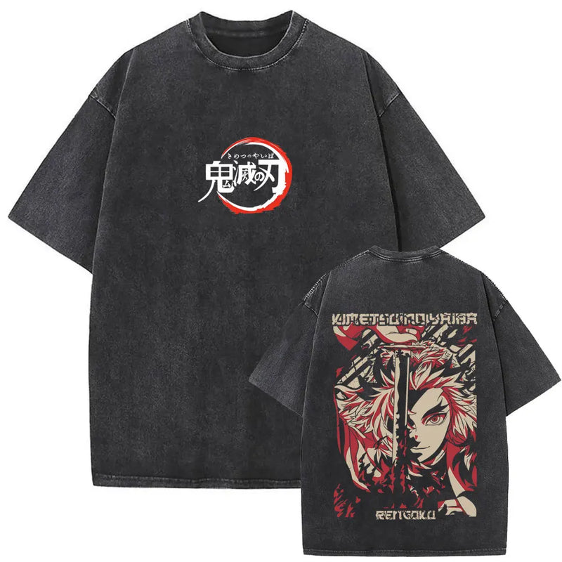 Washed Vintage Anime Demon Slayer Kokushibo Double Sided Print T Shirt Men Women Clothing High Quality Cotton Oversized T-shirts