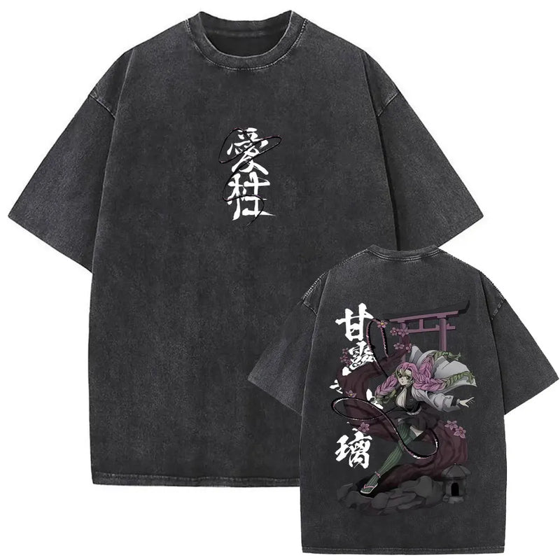 Washed Vintage Anime Demon Slayer Kokushibo Double Sided Print T Shirt Men Women Clothing High Quality Cotton Oversized T-shirts