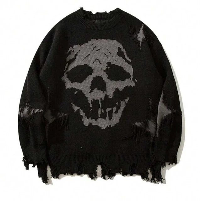 Y2K Skull Jacquard Knitted Sweater – Vintage Streetwear Chic