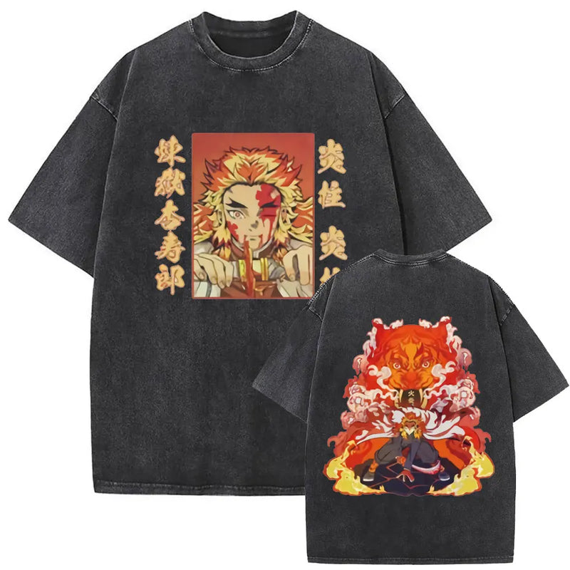Washed Vintage Anime Demon Slayer Uzui Tengen Eyes Graphic T-shirt Men Women Casual 100% Cotton T-shirts Male Oversized T Shirt