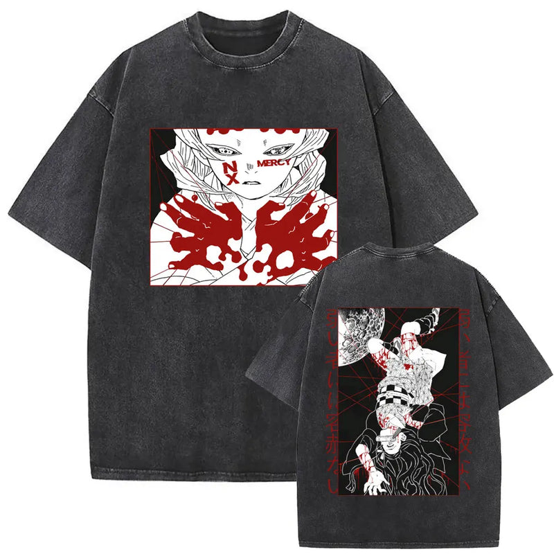Washed Vintage Anime Demon Slayer Uzui Tengen Eyes Graphic T-shirt Men Women Casual 100% Cotton T-shirts Male Oversized T Shirt
