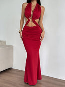 Red Hollow-Out Lace-Up Maxi Dress – Bold & Sexy