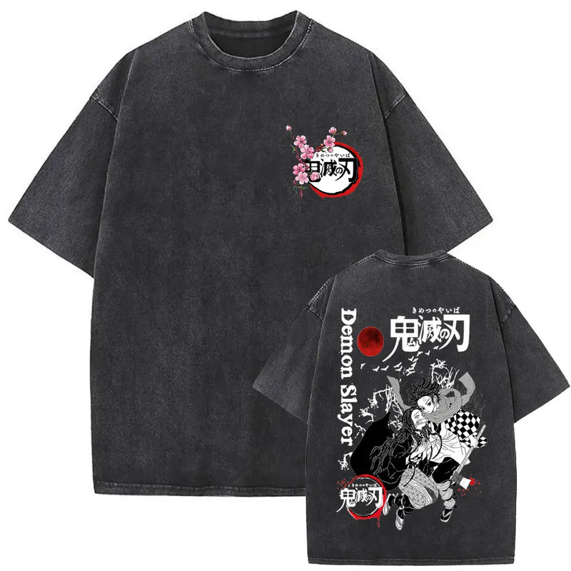 Washed Vintage Anime Demon Slayer Uzui Tengen Eyes Graphic T-shirt Men Women Casual 100% Cotton T-shirts Male Oversized T Shirt