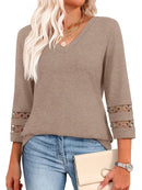Spring & Autumn Casual V-Neck Blouse – 3/4 Sleeve Women’s Pullover Top