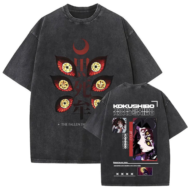Washed Vintage Anime Demon Slayer Kokushibo Double Sided Print T Shirt Men Women Clothing High Quality Cotton Oversized T-shirts