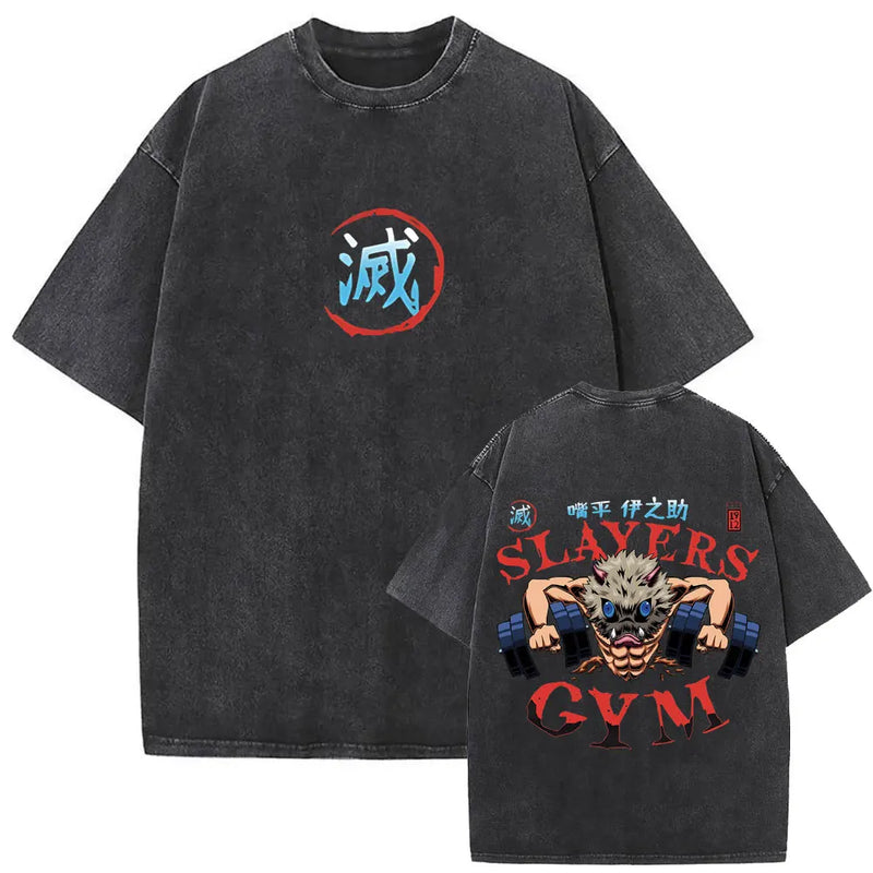 Washed Vintage Anime Demon Slayer Kokushibo Double Sided Print T Shirt Men Women Clothing High Quality Cotton Oversized T-shirts