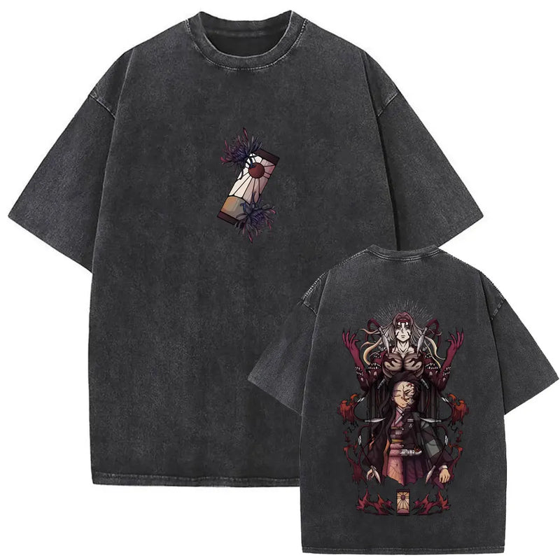 Washed Vintage Anime Demon Slayer Kokushibo Double Sided Print T Shirt Men Women Clothing High Quality Cotton Oversized T-shirts