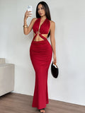 Red Hollow-Out Lace-Up Maxi Dress – Bold & Sexy