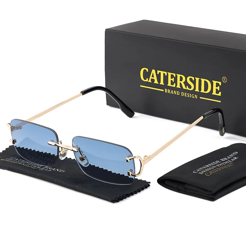 CATERSIDE Blue Rectangular Sunglasses Men Rimless Metal Fashion Square Sun Glasses For Women Gradient Lens Outdoor Eyewear UV400