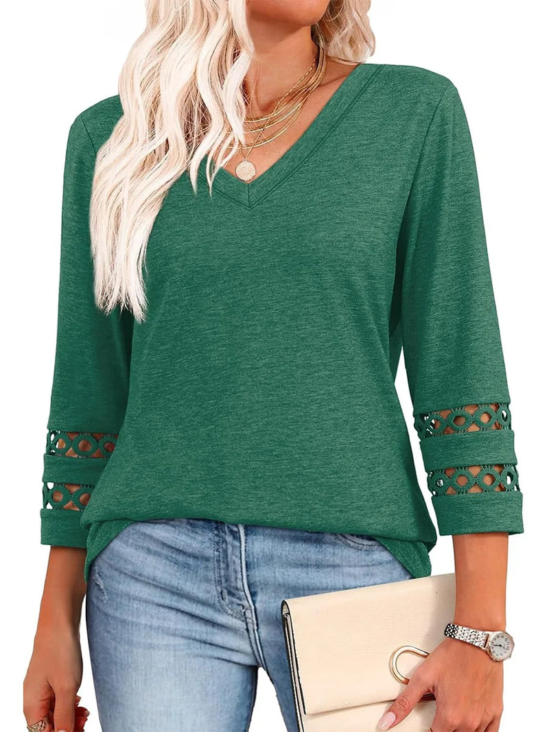 Spring & Autumn Casual V-Neck Blouse – 3/4 Sleeve Women’s Pullover Top
