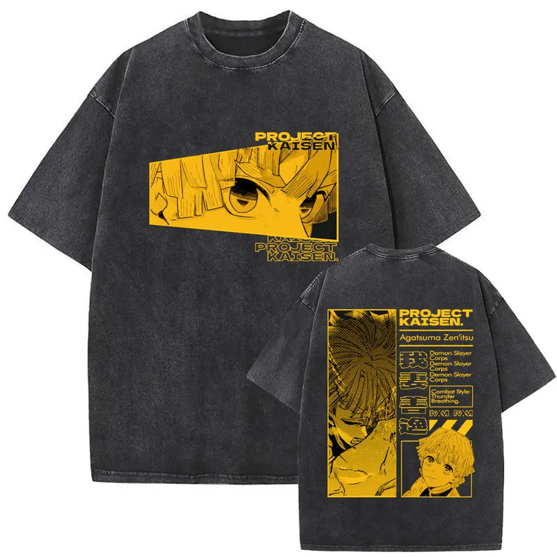 Washed Vintage Anime Demon Slayer Uzui Tengen Eyes Graphic T-shirt Men Women Casual 100% Cotton T-shirts Male Oversized T Shirt