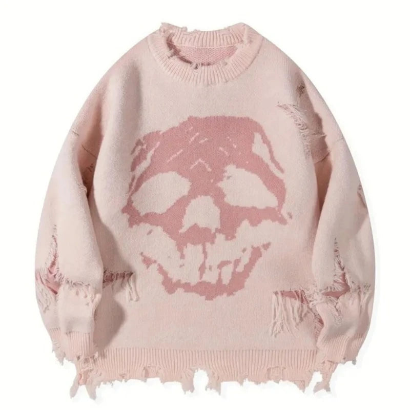 Y2K Skull Jacquard Knitted Sweater – Vintage Streetwear Chic