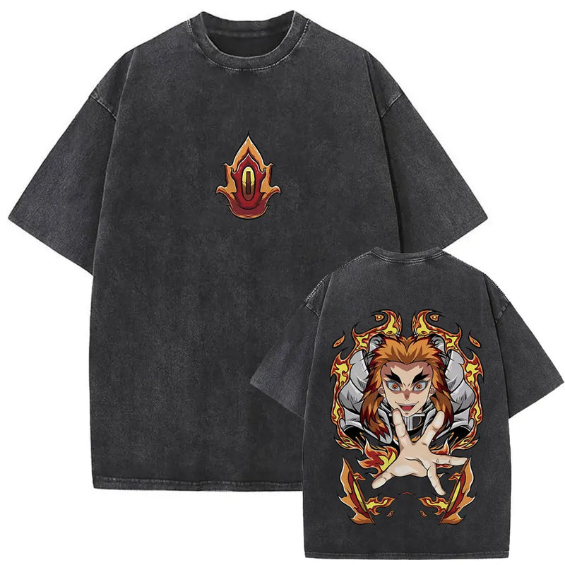 Washed Vintage Anime Demon Slayer Kokushibo Double Sided Print T Shirt Men Women Clothing High Quality Cotton Oversized T-shirts