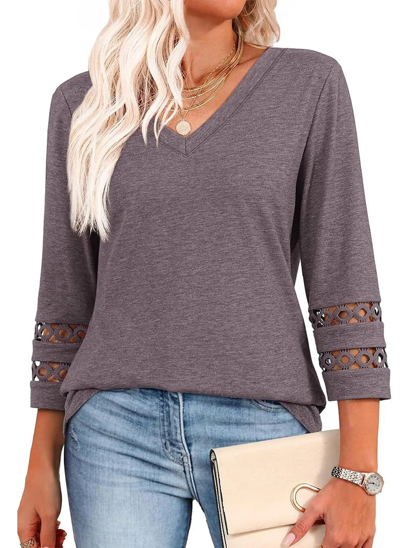 Spring & Autumn Casual V-Neck Blouse – 3/4 Sleeve Women’s Pullover Top