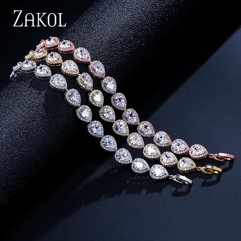 ZAKOL Luxury Water Drop Zirconia Bracelets for Elegant Women Teardrop Charm Bracelet Bridal Wedding Jewelry