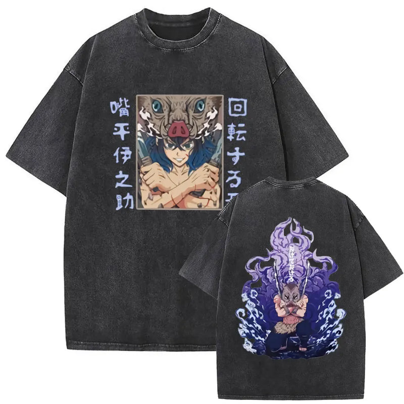 Washed Vintage Anime Demon Slayer Uzui Tengen Eyes Graphic T-shirt Men Women Casual 100% Cotton T-shirts Male Oversized T Shirt