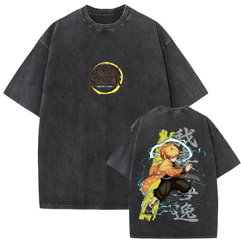 Washed Vintage Anime Demon Slayer Kokushibo Double Sided Print T Shirt Men Women Clothing High Quality Cotton Oversized T-shirts