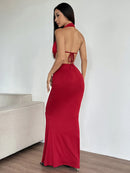 Red Hollow-Out Lace-Up Maxi Dress – Bold & Sexy