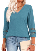 Spring & Autumn Casual V-Neck Blouse – 3/4 Sleeve Women’s Pullover Top
