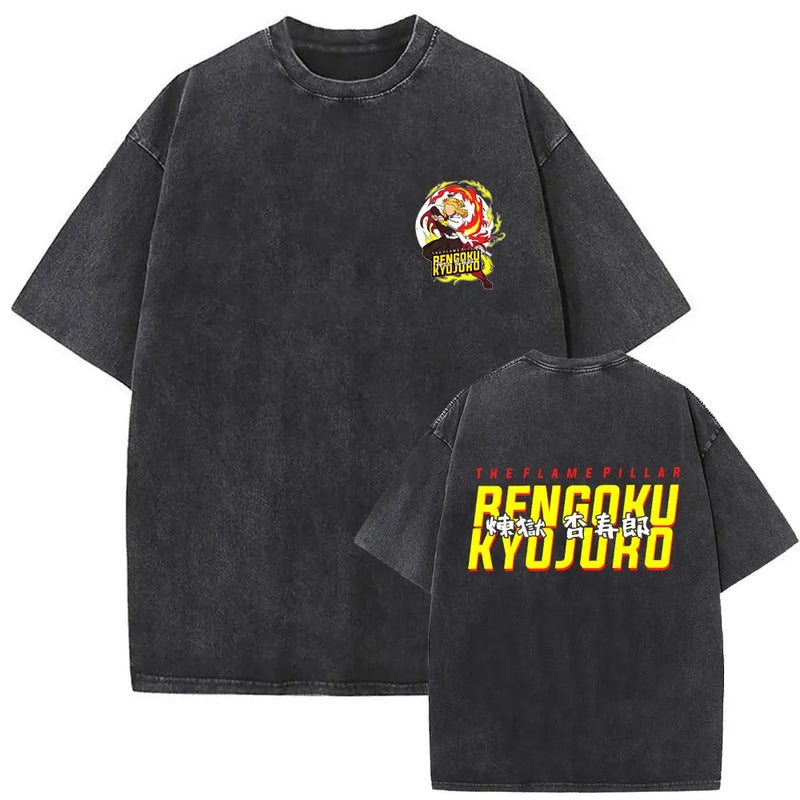 Washed Vintage Anime Demon Slayer Uzui Tengen Eyes Graphic T-shirt Men Women Casual 100% Cotton T-shirts Male Oversized T Shirt