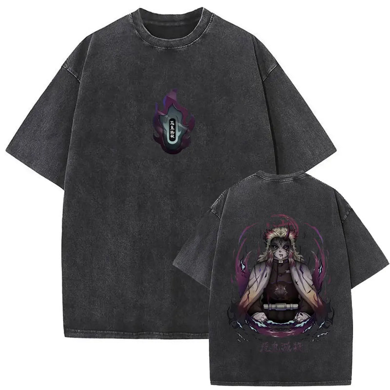 Washed Vintage Anime Demon Slayer Kokushibo Double Sided Print T Shirt Men Women Clothing High Quality Cotton Oversized T-shirts