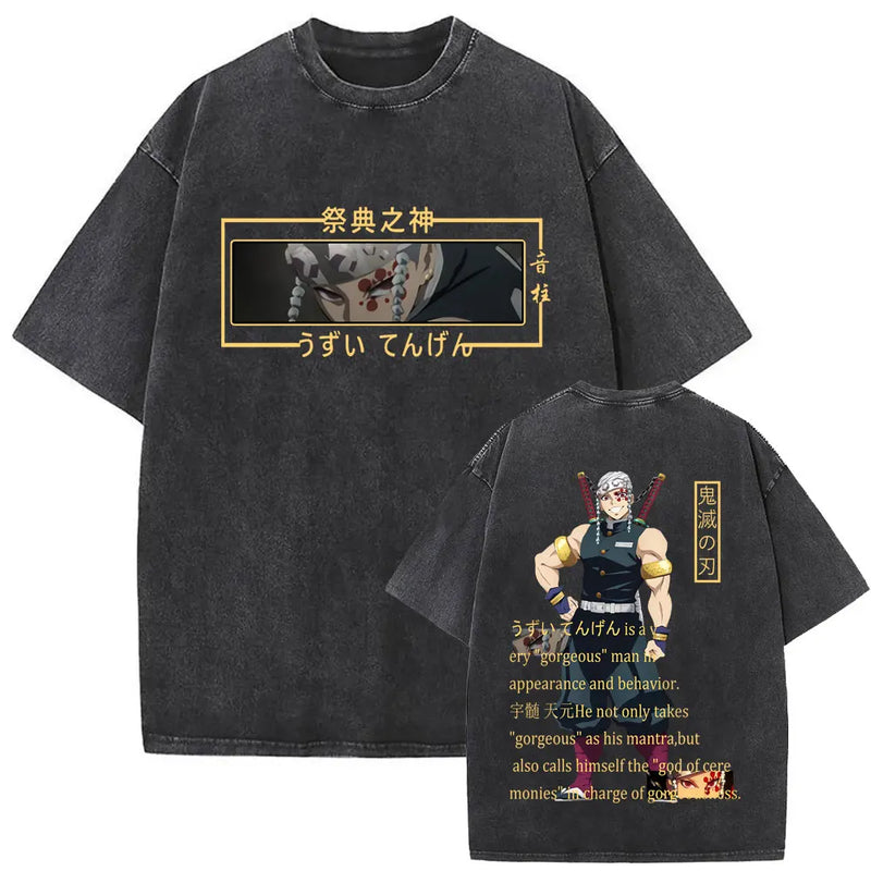 Washed Vintage Anime Demon Slayer Uzui Tengen Eyes Graphic T-shirt Men Women Casual 100% Cotton T-shirts Male Oversized T Shirt