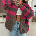 Striped V Neck Pocket Knitted Cardigan Autumn Winter Long Sleeved Loose Commuter Sweater Women's Vintage Crochet Warm Sweaters