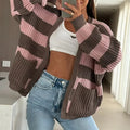 Striped V Neck Pocket Knitted Cardigan Autumn Winter Long Sleeved Loose Commuter Sweater Women's Vintage Crochet Warm Sweaters