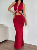 Red Hollow-Out Lace-Up Maxi Dress – Bold & Sexy
